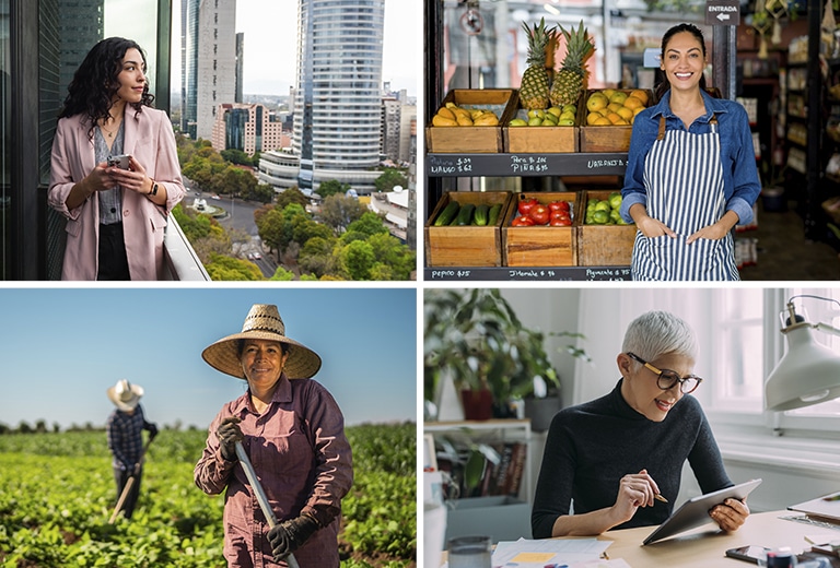 Día del Trabajo Collage de cuatro escenas laborales: mujer profesional usando su móvil frente a una ciudad, comerciante en tienda de frutas sonriendo, agricultor trabajando en el campo con sombrero y mujer mayor utilizando una tablet en su escritorio.